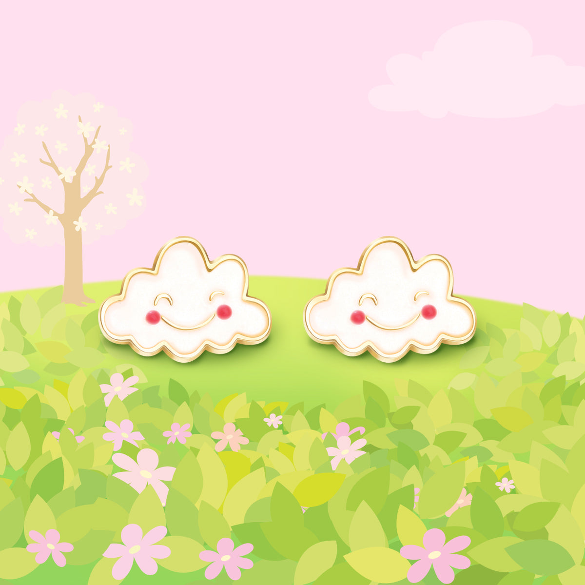 Close-up of the cloud and rainbow design highlighting the hypoallergenic materials and the secure clip back for all-day comfort