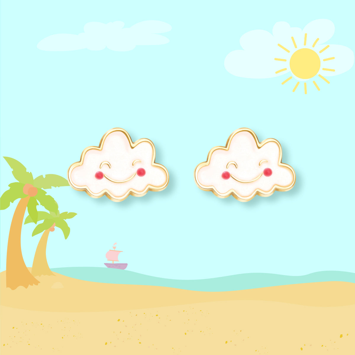 Whimsical Happy Cloud and rainbow stud earrings for girls, designed with 316L surgical steel for maximum safety. A cheerful gift that is gentle on newly pierced ears.