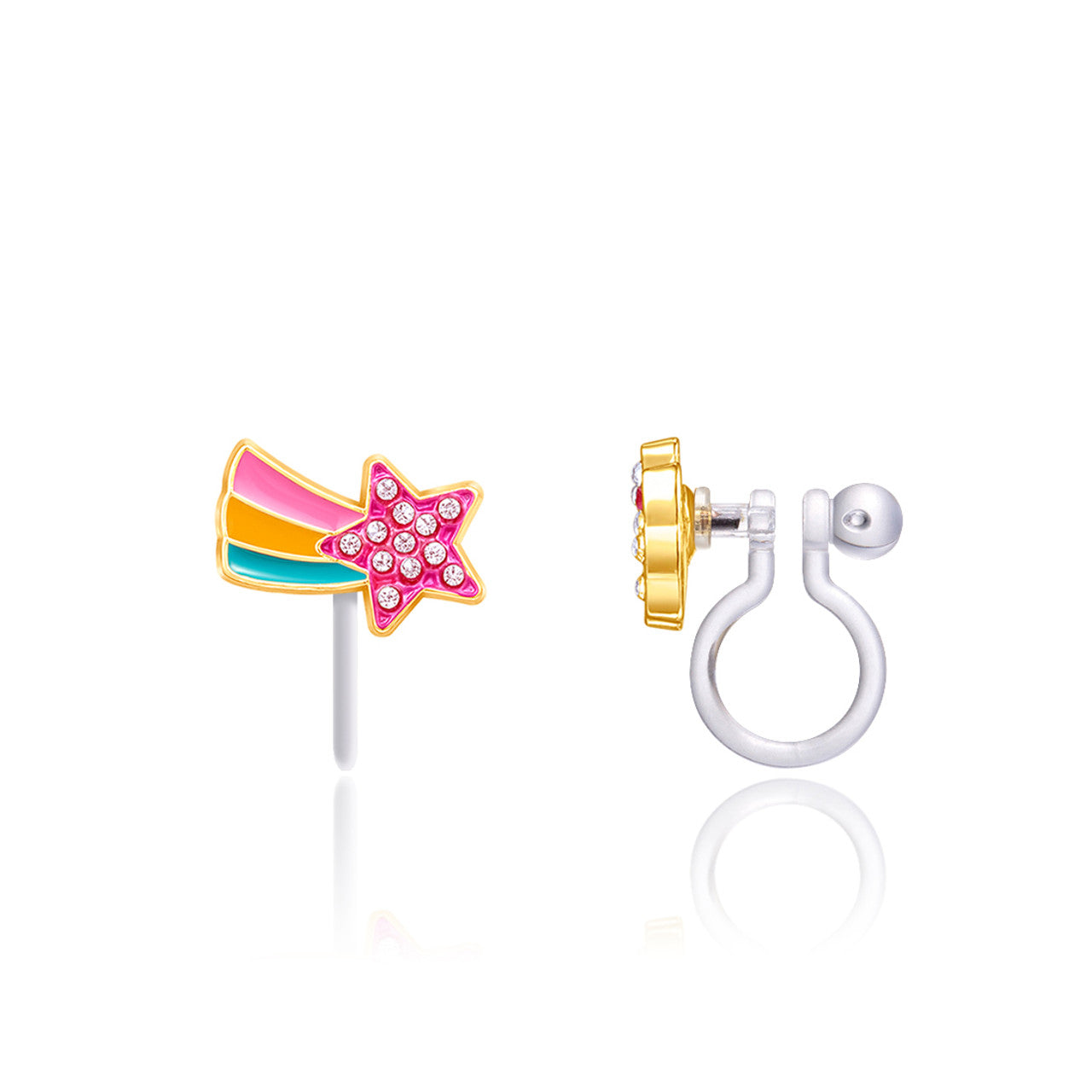Sparkling Crystal Shooting Star clip-on earrings for kids, offering a secure and irritation-free fit for unpierced ears.