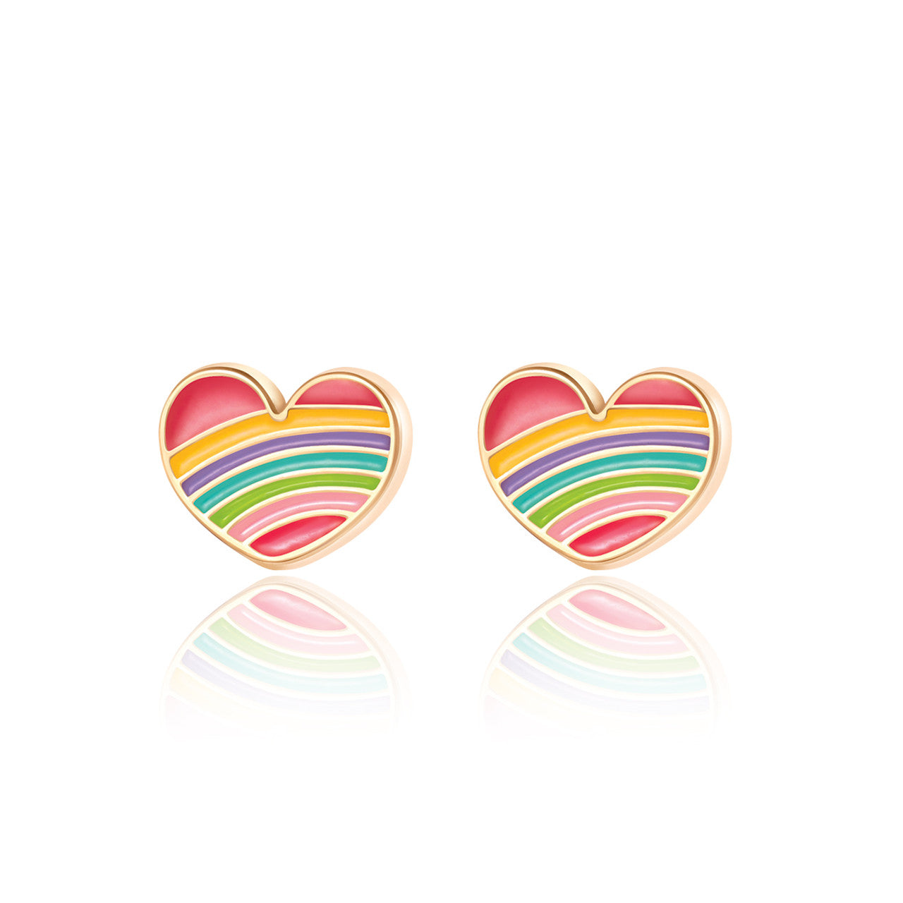 Vibrant Rainbow Heart stud earrings for kids, perfect for a Valentine's Day gift. Featuring hypoallergenic surgical steel posts and comfortable safety backs for sensitive skin.