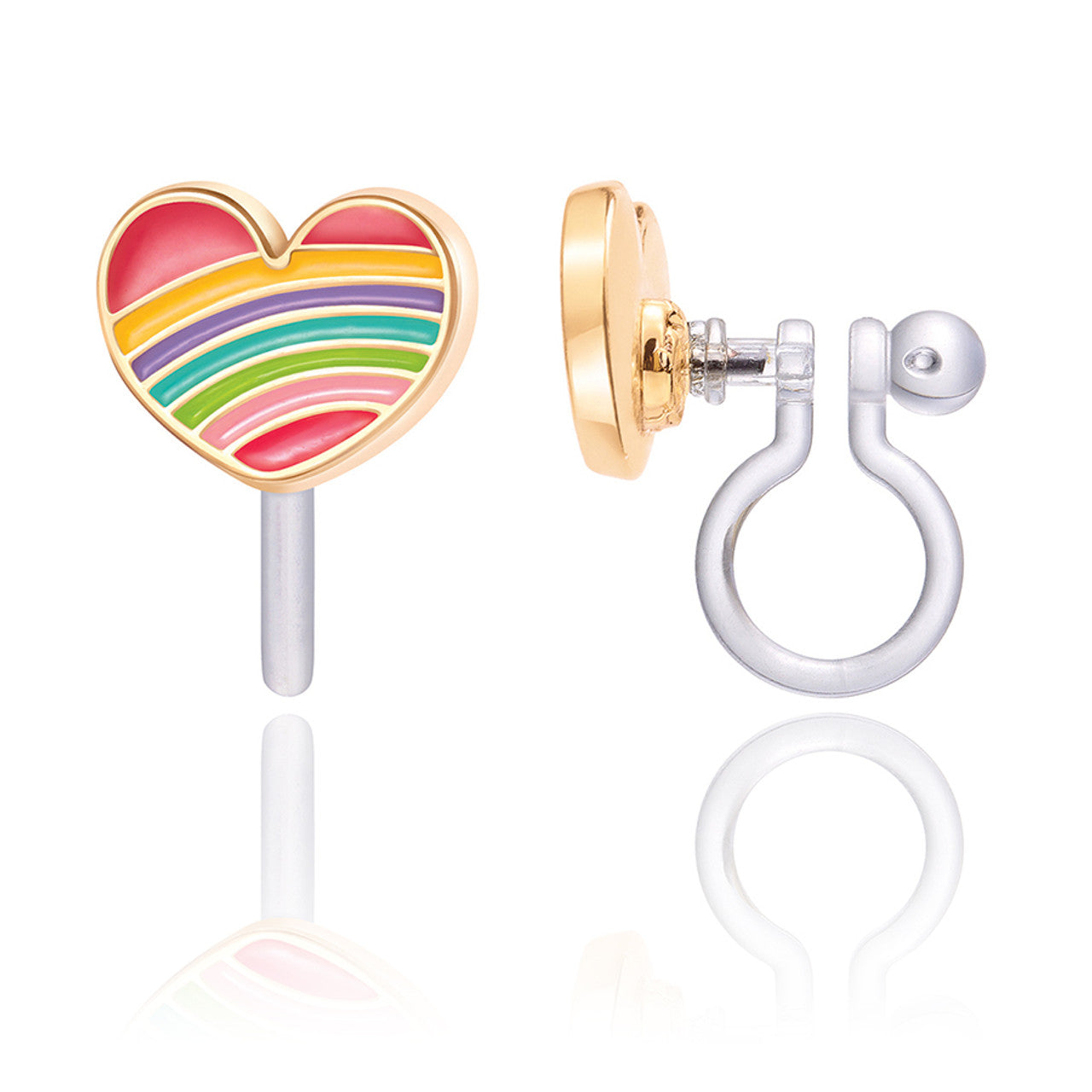 Vibrant Rainbow Heart clip-on earrings for kids, featuring a hypoallergenic and pain-free design. A colorful and safe jewelry gift for young girls with unpierced ears.