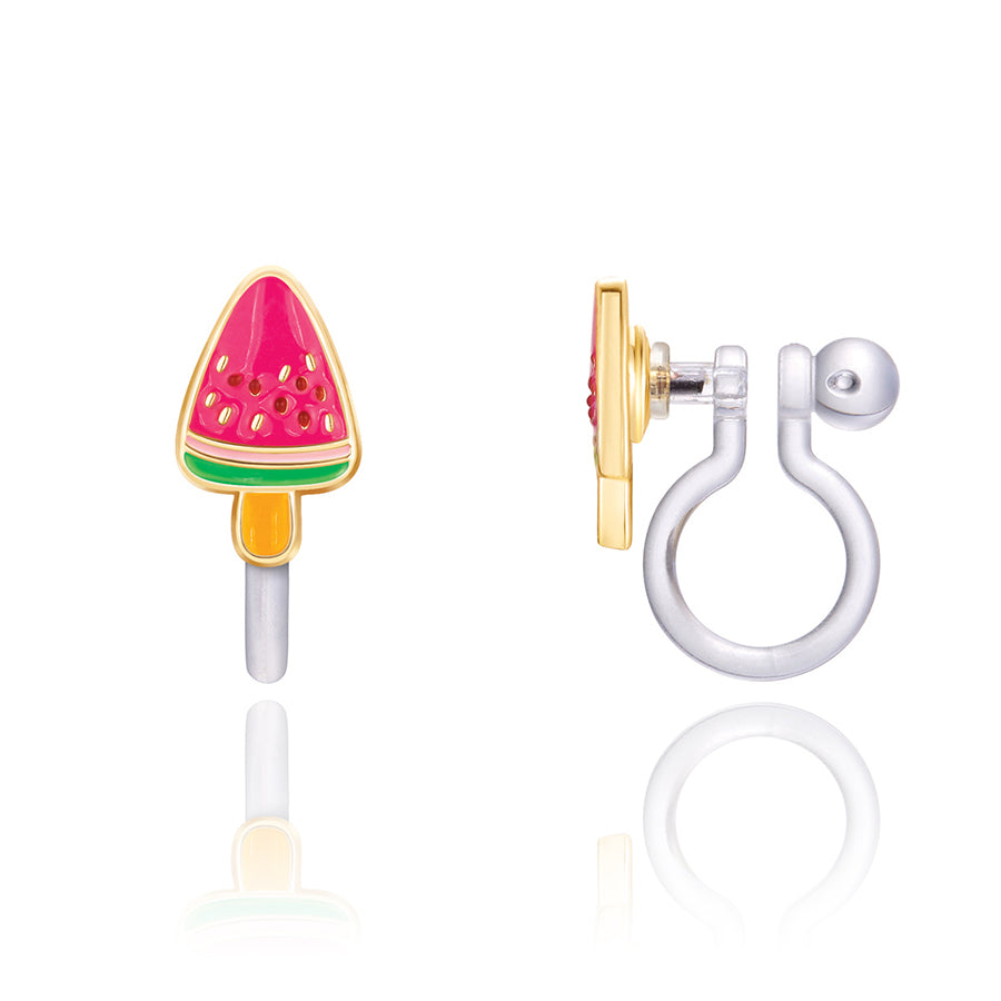 Detailed view of the Slice of Summer kids earrings clip on set with vibrant sun and popsicle studs in a premium gift box. High-quality, non-toxic earrings for daughters and granddaughters celebrating summer milestones.