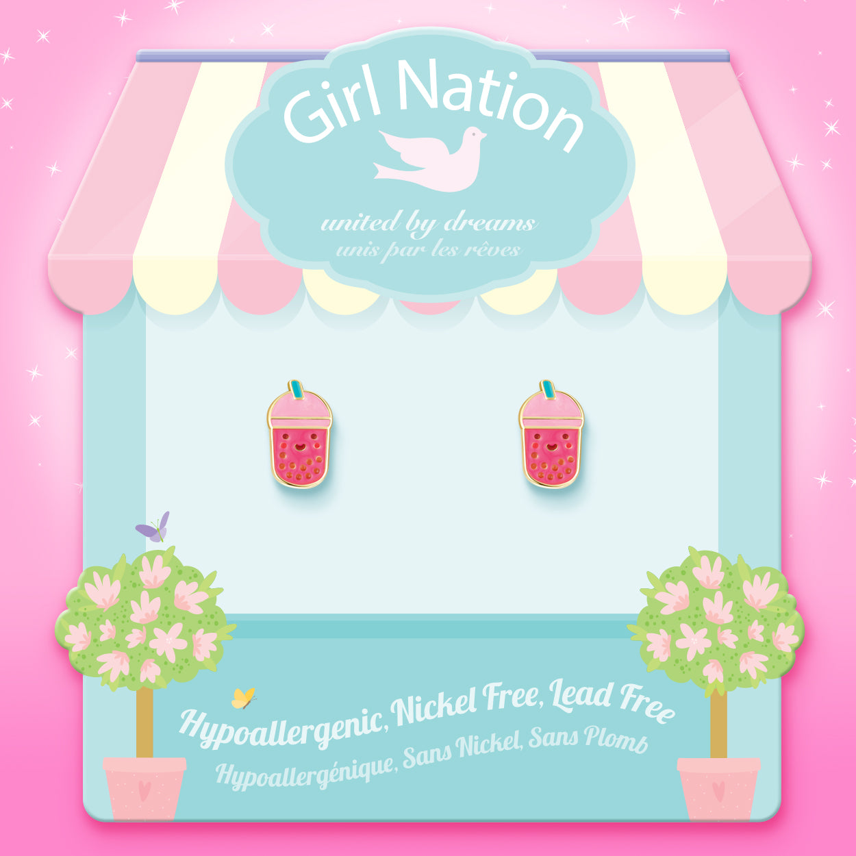 Detailed shot of the boba tea studs showing the secure-lock back that prevents loss. Family-approved and nickel-free, making it a safe choice for children's ears.