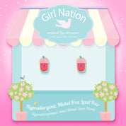 Detailed shot of the boba tea studs showing the secure-lock back that prevents loss. Family-approved and nickel-free, making it a safe choice for children's ears.