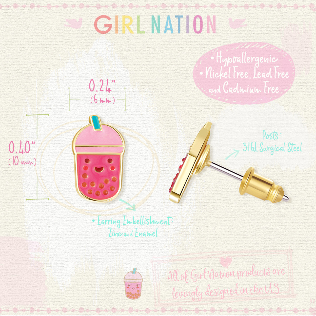 Detailed shot of the boba tea studs showing the secure-lock back that prevents loss. Family-approved and nickel-free, making it a safe choice for children's ears.