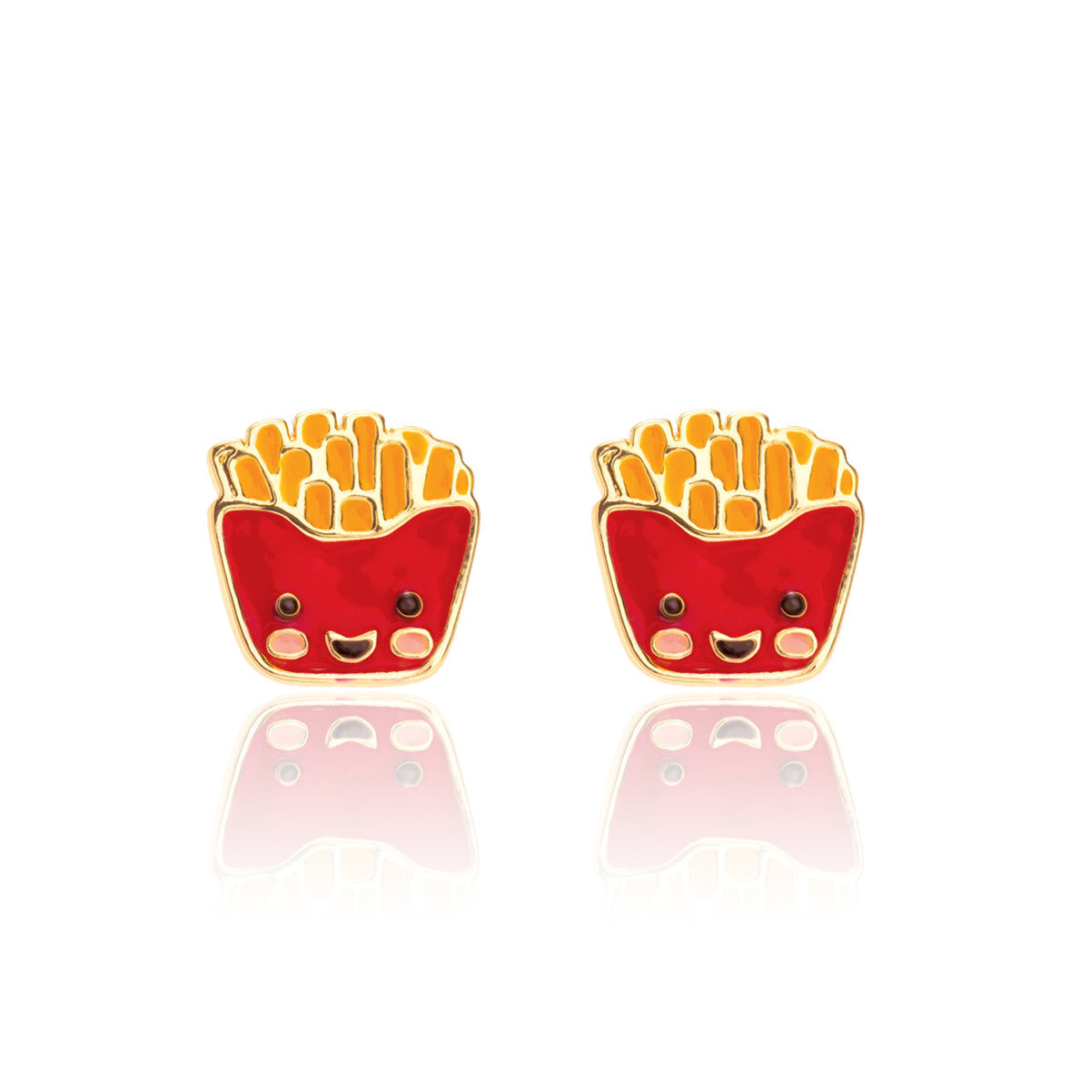 Detailed view of the Sweet & Salty Dynamic Duo earring gift set featuring vibrant red fries and a colorful shake design in a premium gift box. High-quality, non-toxic children's jewelry that adds a pop of funky fun to any outfit.