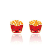 Detailed view of the Sweet & Salty Dynamic Duo earring gift set featuring vibrant red fries and a colorful shake design in a premium gift box. High-quality, non-toxic children's jewelry that adds a pop of funky fun to any outfit.