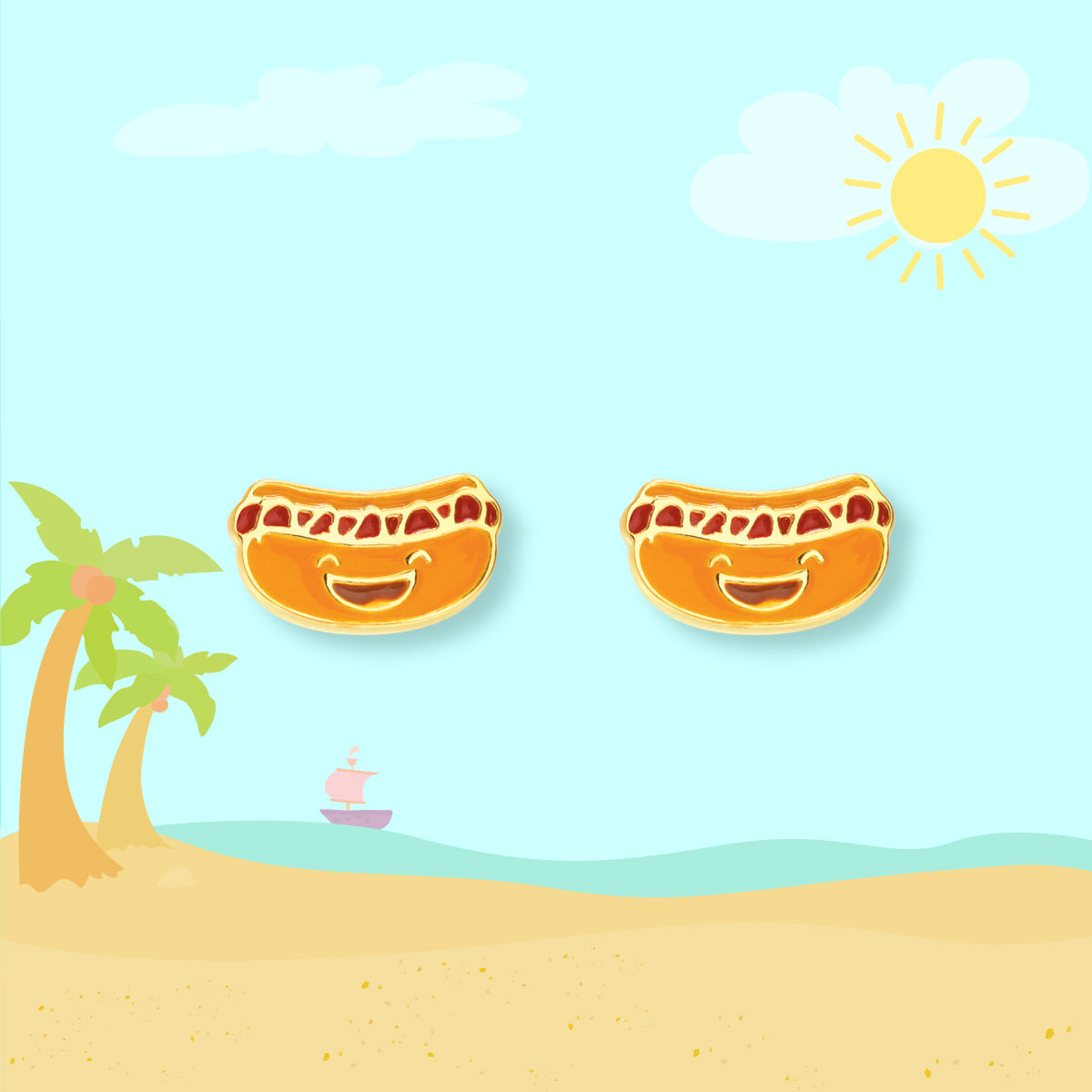 Close-up of the happy hot dog studs showing the smooth, tarnish-resistant surgical steel post and comfortable safety back. Safe for naptime and all-day comfort.