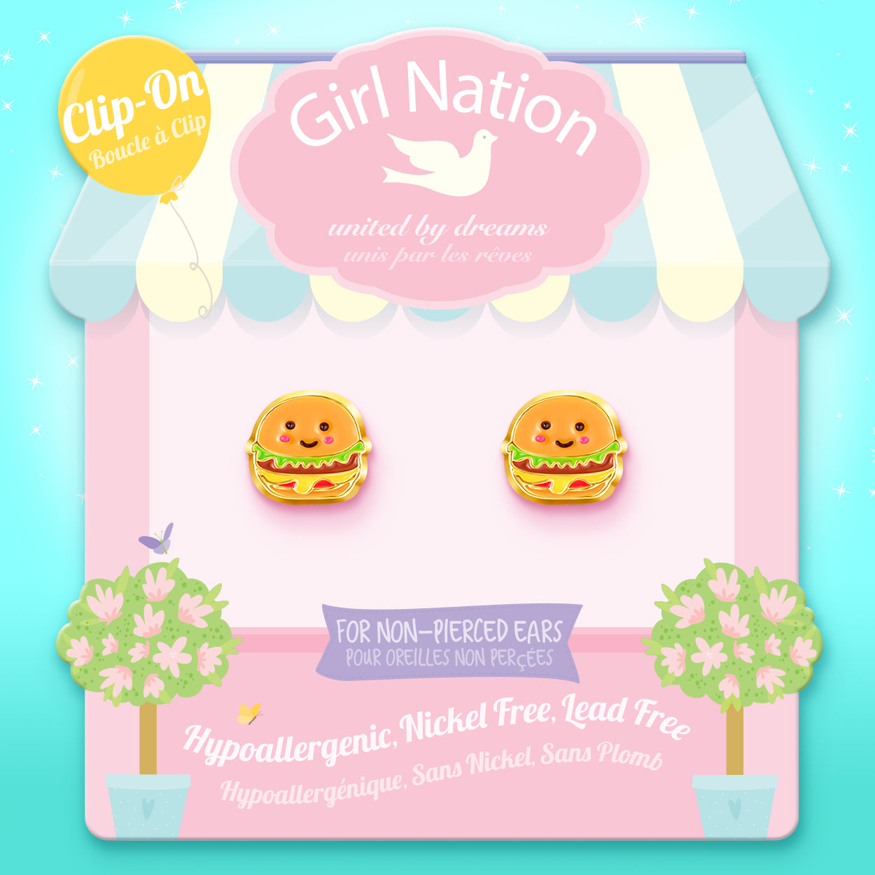 Detailed shot of the burger design and the pain-free clip back, offering a safe and playful jewelry choice for young children.