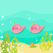 Close-up of the narwhal design highlighting the hypoallergenic finish and secure back. Irritation-free and perfect for everyday wear and holiday celebrations.