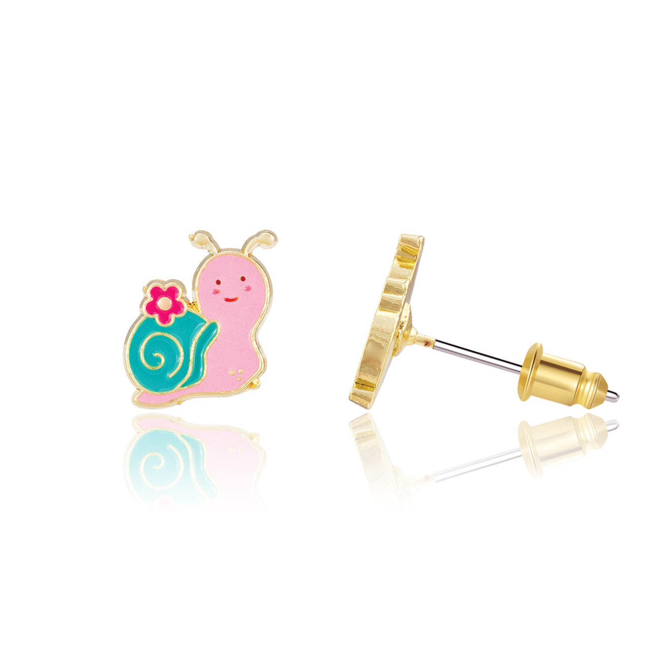 Adorable Snugly Snail animal stud earrings for girls, perfect for an Easter or Spring gift for your daughter. Designed with 316L surgical steel and a secure-fit safety back.