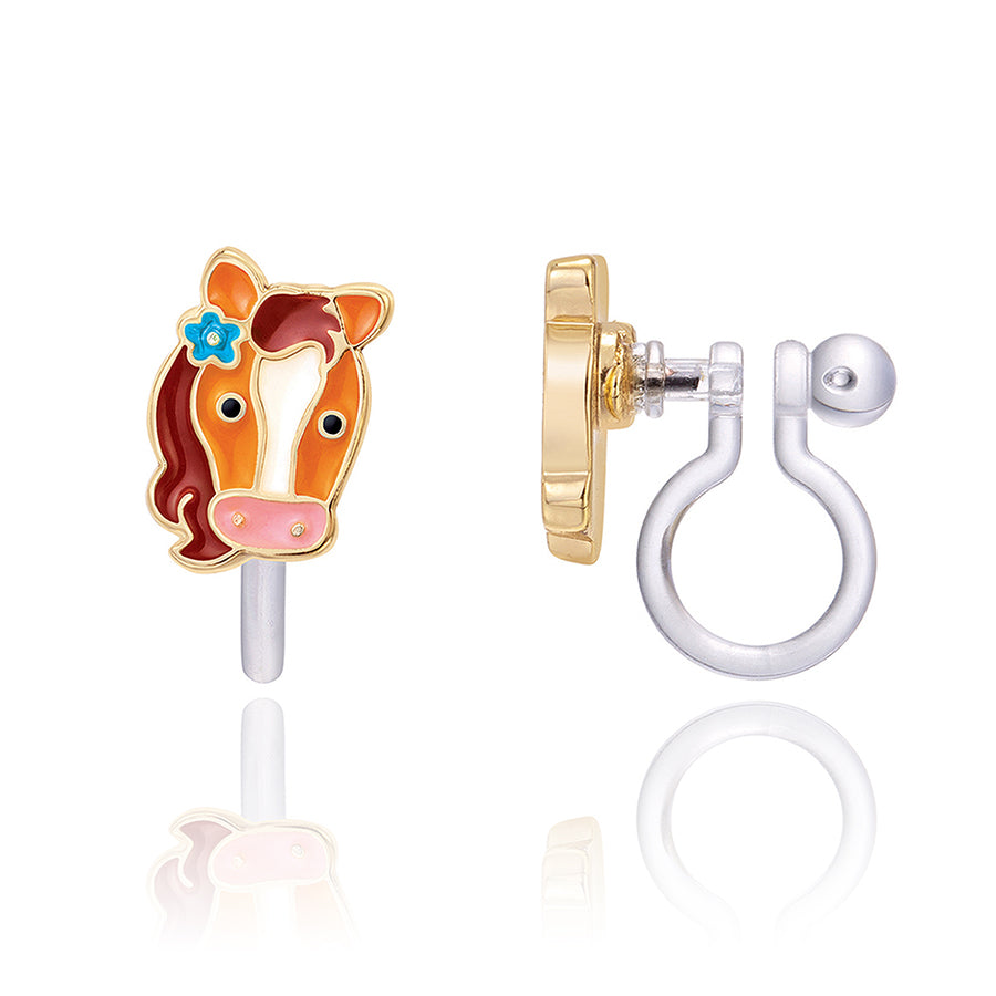Detailed view of the Barnyard Buddies kids earrings clip on set with vibrant sheep, horse, and pig studs in a premium gift box. High-quality, non-toxic earrings for daughters and granddaughters celebrating spring milestones.