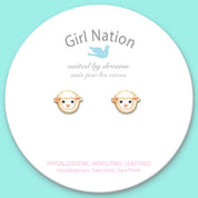 Detailed shot of the white lamb stud earrings with a protective safety back. Family-approved and nickel-free, ensuring a comfortable and irritation-free fit for daily wear.