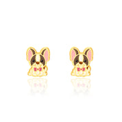 French Bulldog stud earrings with pink bow tie, hand-painted enamel detail, pair view
