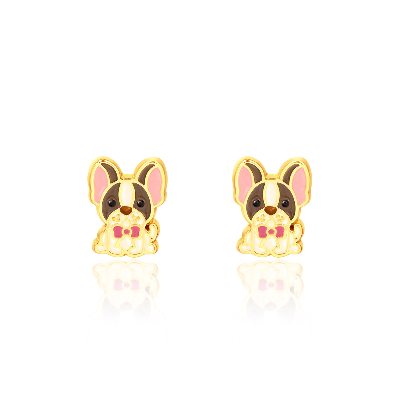 French Bulldog stud earrings with pink bow tie, hand-painted enamel detail, pair view