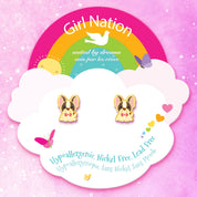 French Bulldog stud earrings on Girl Nation themed card, hypoallergenic and safety tested