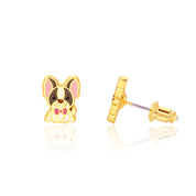 French Bulldog stud earrings with pink bow tie, hand-painted enamel detail, pair view