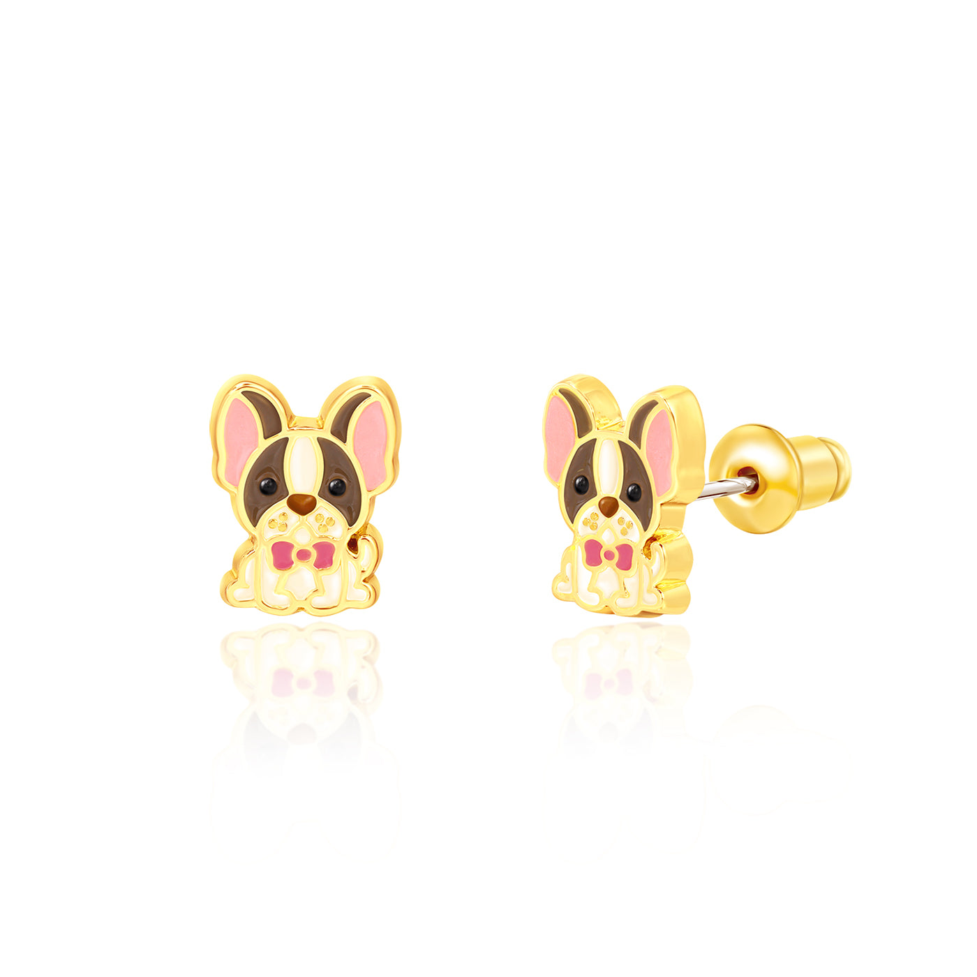 French Bulldog stud earrings with pink bow tie, hand-painted enamel detail, pair view