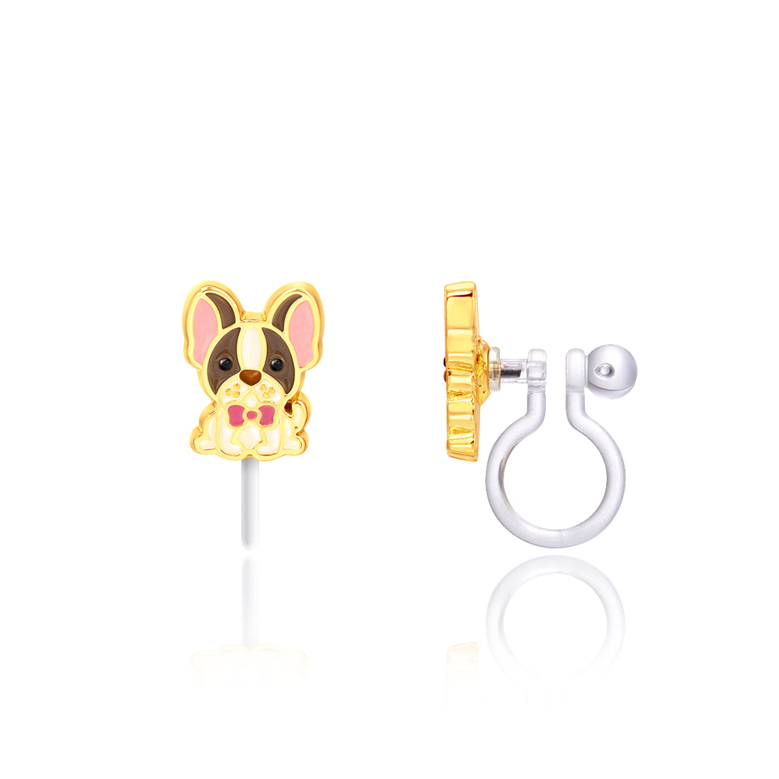  French Bulldog charm clip-on earring with pink bow tie, gold enamel outline, transparent silicone clip, front and side view