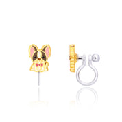  French Bulldog charm clip-on earring with pink bow tie, gold enamel outline, transparent silicone clip, front and side view