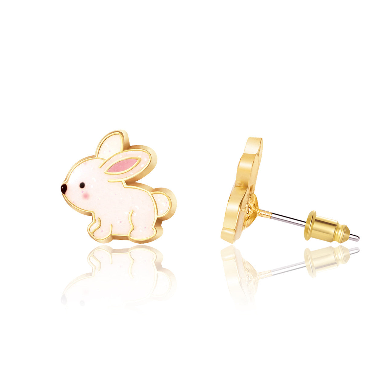 Sparkling Glitter Rabbit bunny stud earrings for kids, featuring a pain-free safety back and hypoallergenic surgical steel. A magical and safe gift-ready jewelry piece.