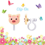 Close-up of the cute pig design and the gentle-pressure clip back, offering a safe and irritation-free jewelry choice for kids.