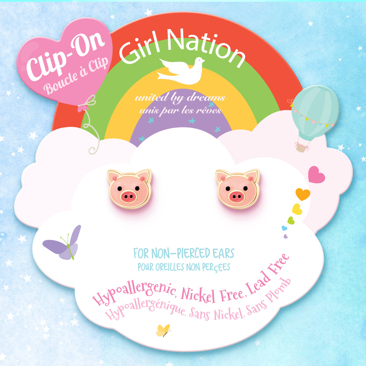 Close-up of the cute pig design and the gentle-pressure clip back, offering a safe and irritation-free jewelry choice for kids.