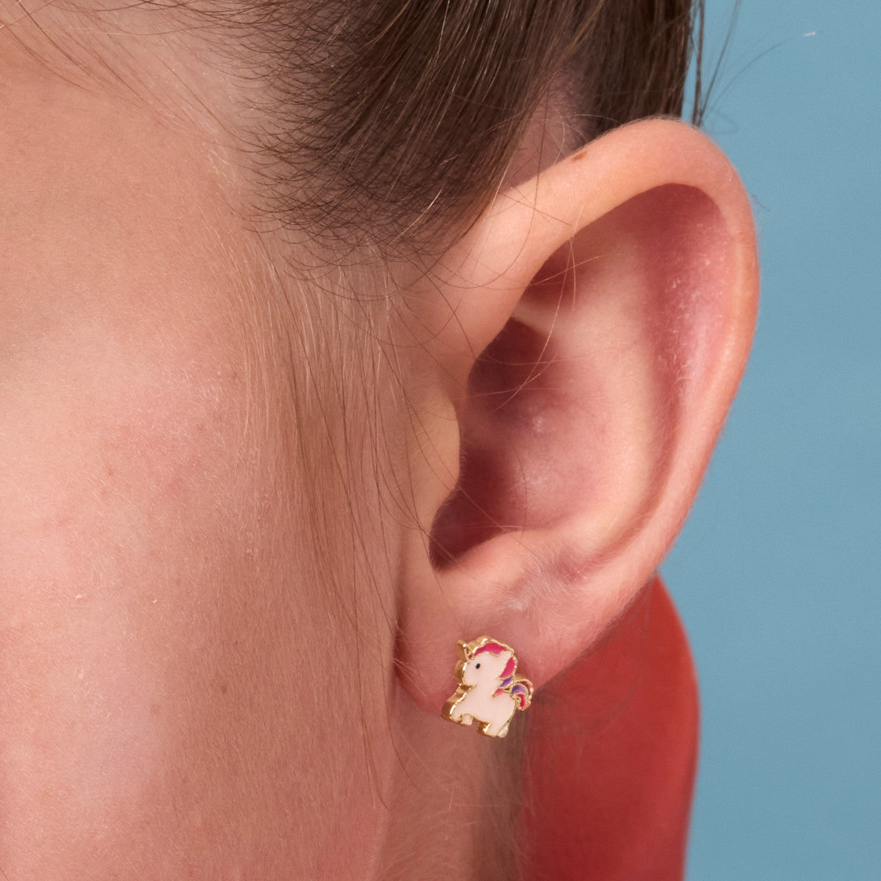Detailed view of the Magical Unicorn earrings with vibrant pink and purple mane accents. A sweet accessory for back-to-school, kindergarten graduation, or as premium party favors for little girls in Canada.