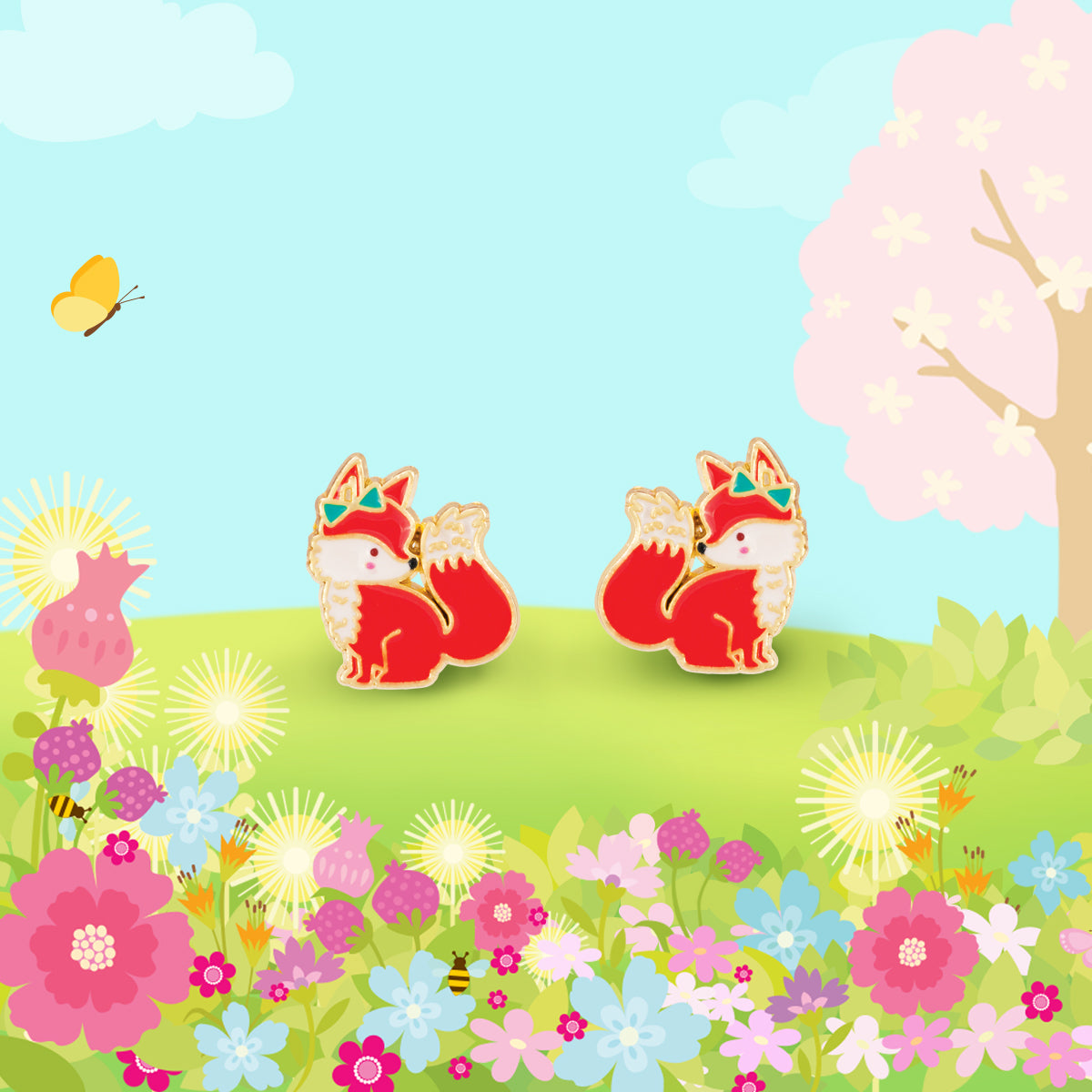 Macro shot of the fox design with a secure clasp that prevents loss. A comfortable and irritation-free choice for kids with sensitive, non-pierced ears.