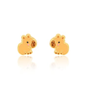 Golden-brown capybara stud earrings with hand-painted enamel detail, pair view