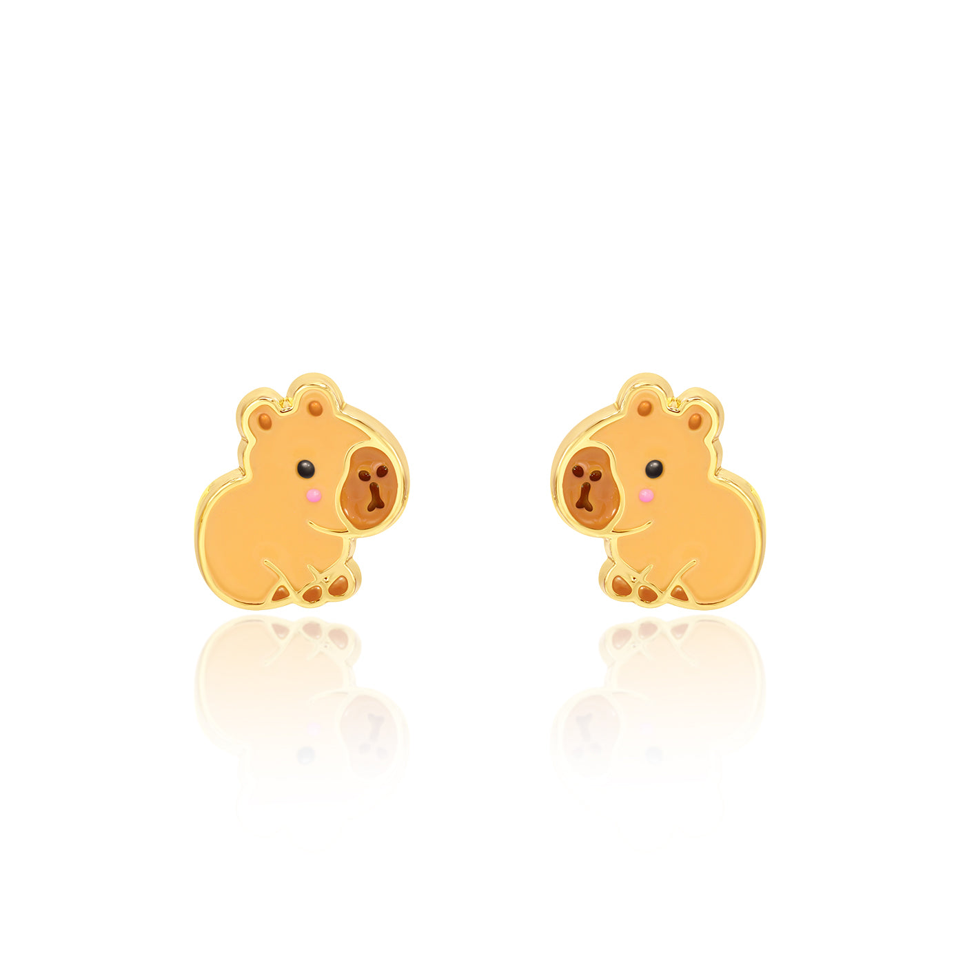 Golden-brown capybara stud earrings with hand-painted enamel detail, pair view
