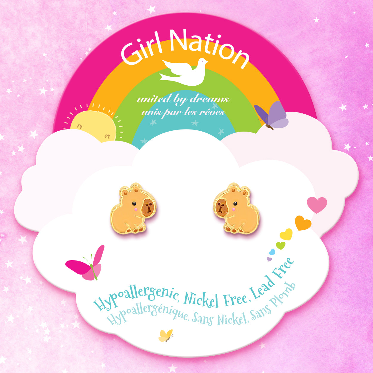 Capybara stud earrings on Girl Nation themed card, hypoallergenic and safety tested