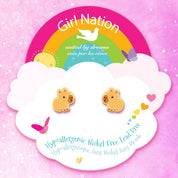 Capybara stud earrings on Girl Nation themed card, hypoallergenic and safety tested