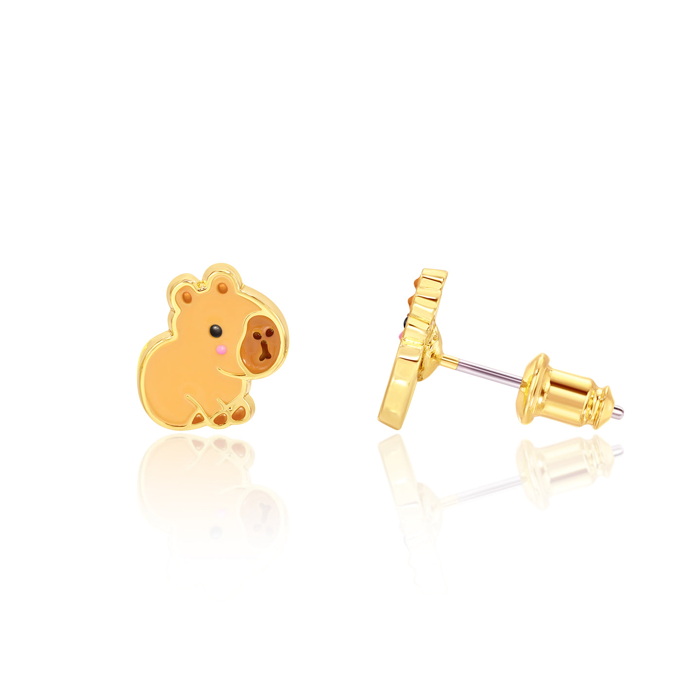 Golden-brown capybara stud earrings with hand-painted enamel detail, pair view