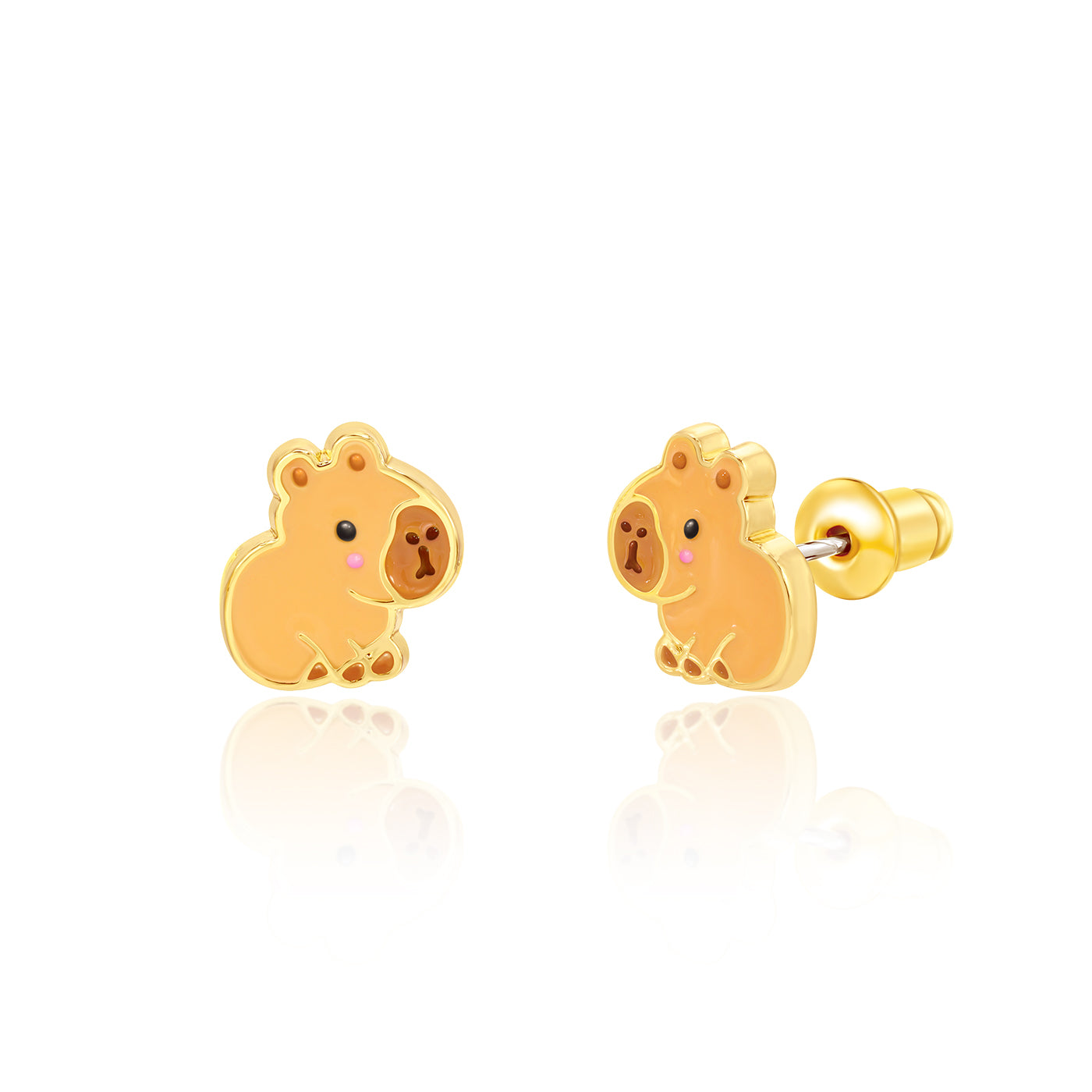 Golden-brown capybara stud earrings with hand-painted enamel detail, pair view