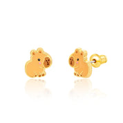 Golden-brown capybara stud earrings with hand-painted enamel detail, pair view
