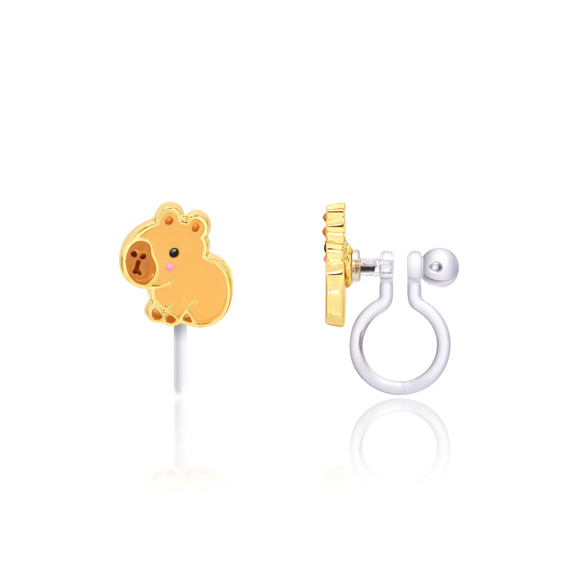 Golden-brown capybara charm clip-on earring with gold enamel outline, transparent silicone clip, front and side view