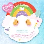 Capybara charm clip-on earrings on Girl Nation display card, hypoallergenic and nickel-free