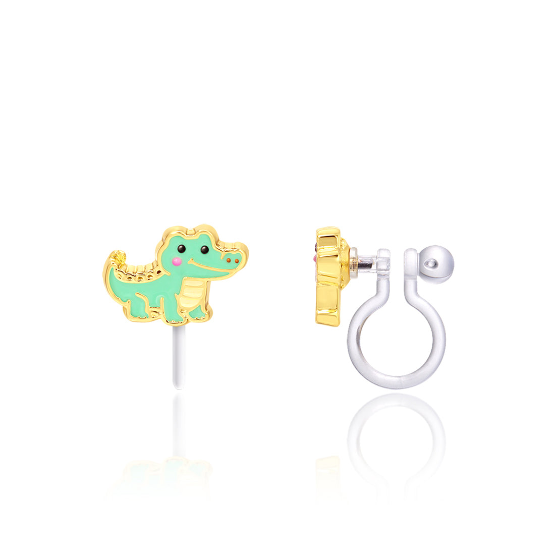 Green crocodile charm clip-on earring with gold enamel outline, transparent silicone clip, front and side view