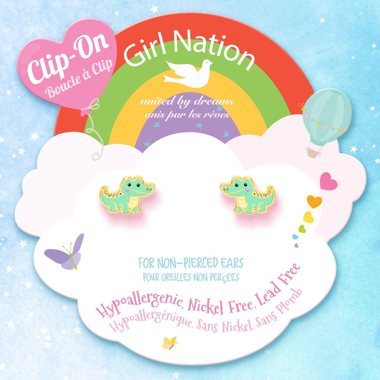 Crocodile charm clip-on earrings on Girl Nation display card, hypoallergenic and nickel-free