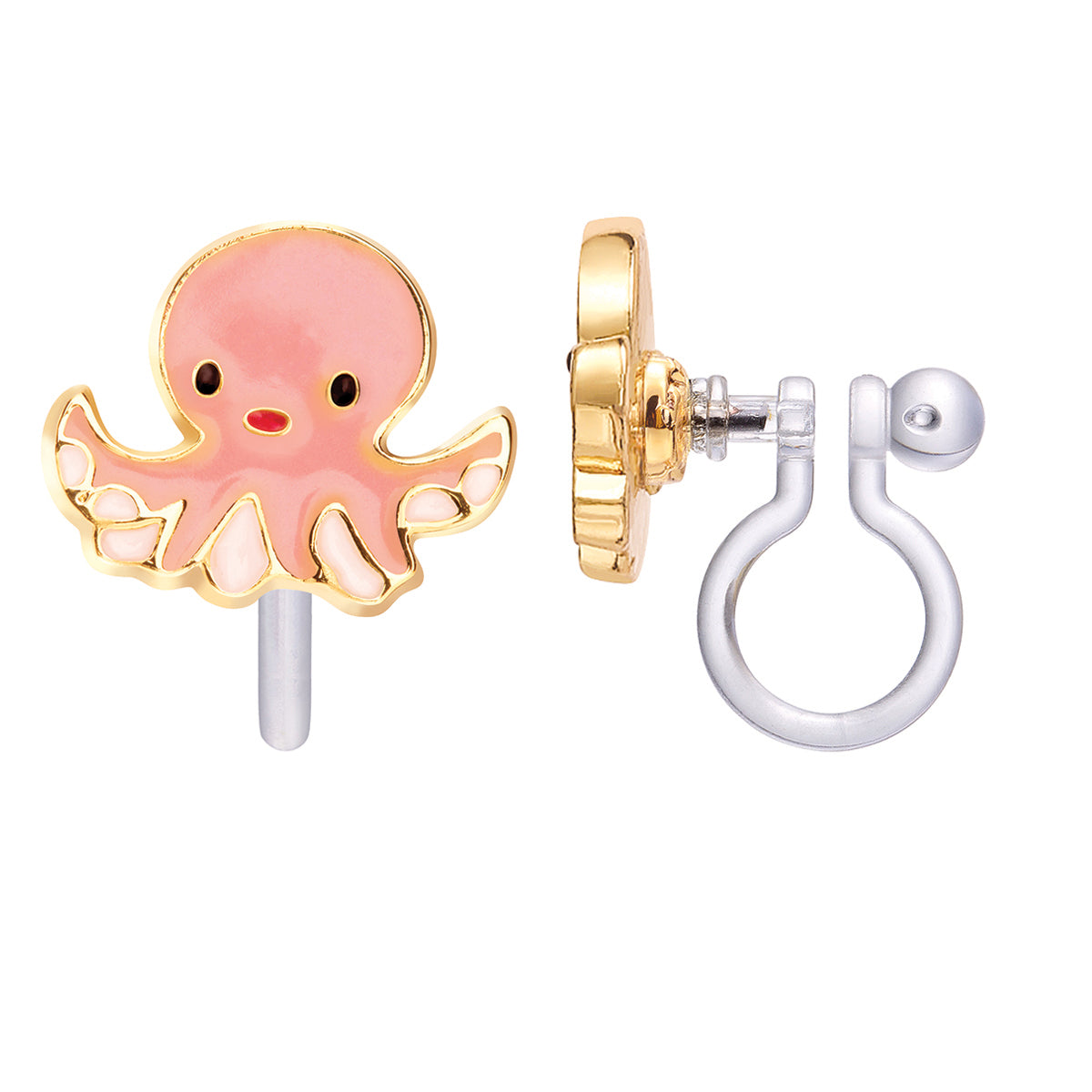 Friendly Octopus clip-on earrings for kids, featuring a secure and hypoallergenic clip for sensitive, unpierced earlobes.