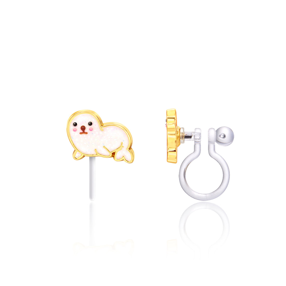 Glittery white seal charm clip-on earring with gold outline, transparent silicone clip, front and side view