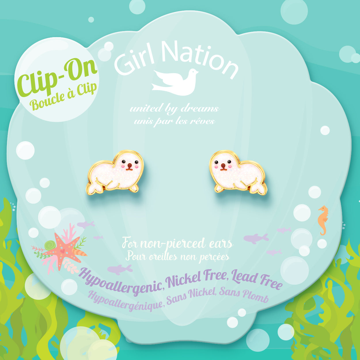 Seal charm clip-on earrings on Girl Nation display card, hypoallergenic and nickel-free
