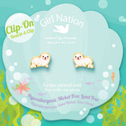 Seal charm clip-on earrings on Girl Nation display card, hypoallergenic and nickel-free