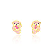 Pink otter stud earrings with hand-painted enamel detail, pair view