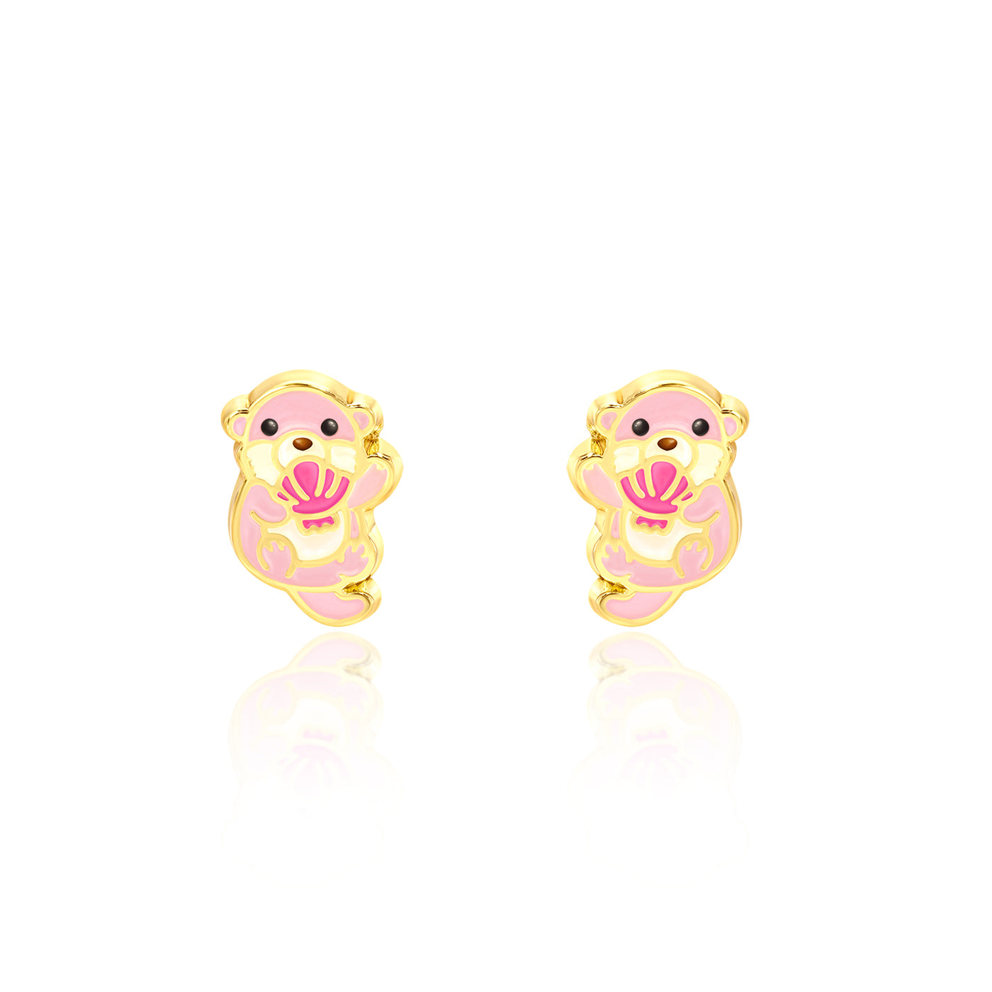Pink otter stud earrings with hand-painted enamel detail, pair view