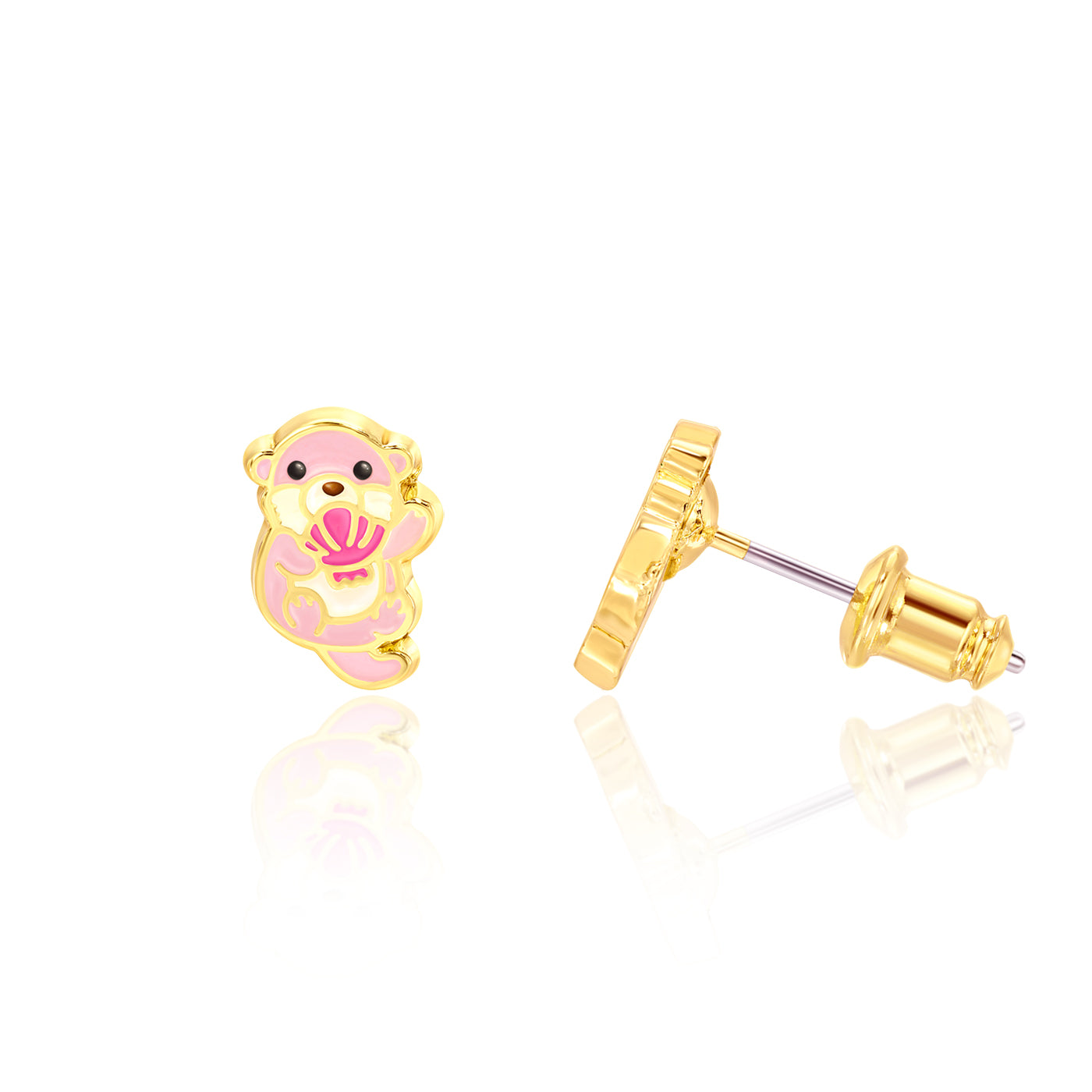 Pink otter stud earrings with hand-painted enamel detail, pair view