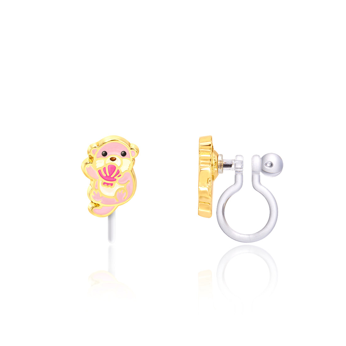 Pink otter charm clip-on earring holding a shell, transparent silicone clip, front and side view