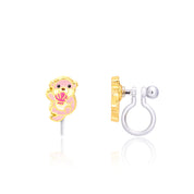 Pink otter charm clip-on earring holding a shell, transparent silicone clip, front and side view