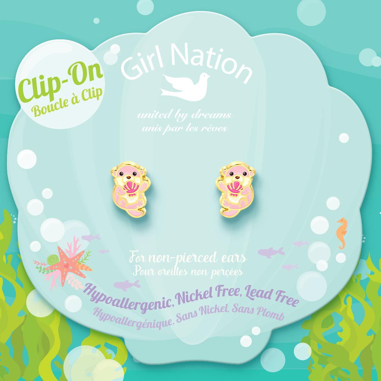 Otter charm clip-on earrings on Girl Nation display card, hypoallergenic and nickel-free